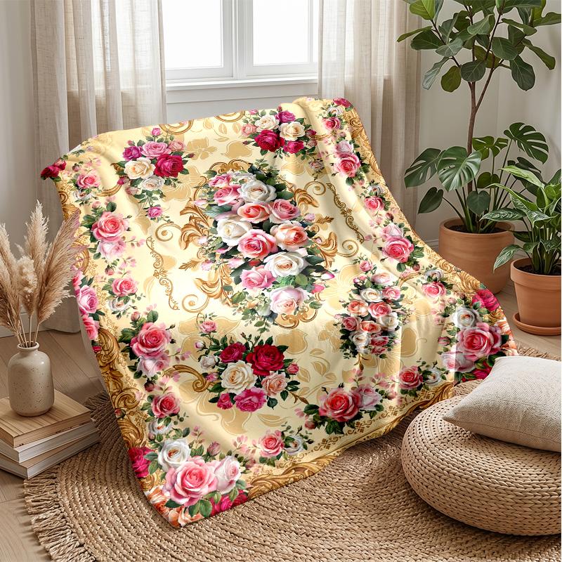 Elegant Rose Floral Design Theme Blanket Lightweight Warm Flannel Blanket Decorative Throw Blanket for Home Decoration