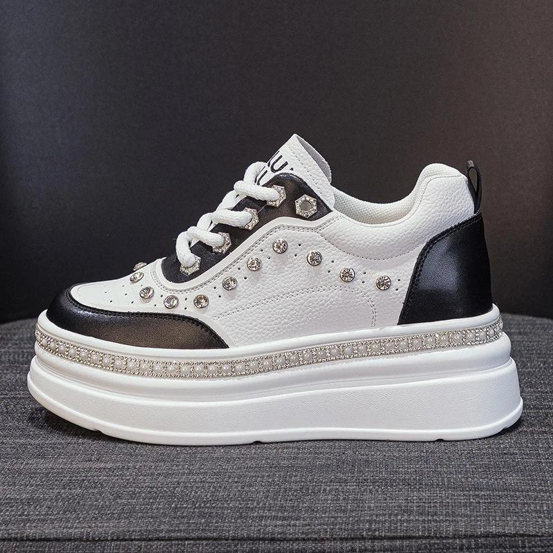 

Fujin 8 см натуральна шкіра платформа танкетка масивні кросівки весняні модні черевики добре сидять жінки осінь Reststone Bling взуття 39 чорний