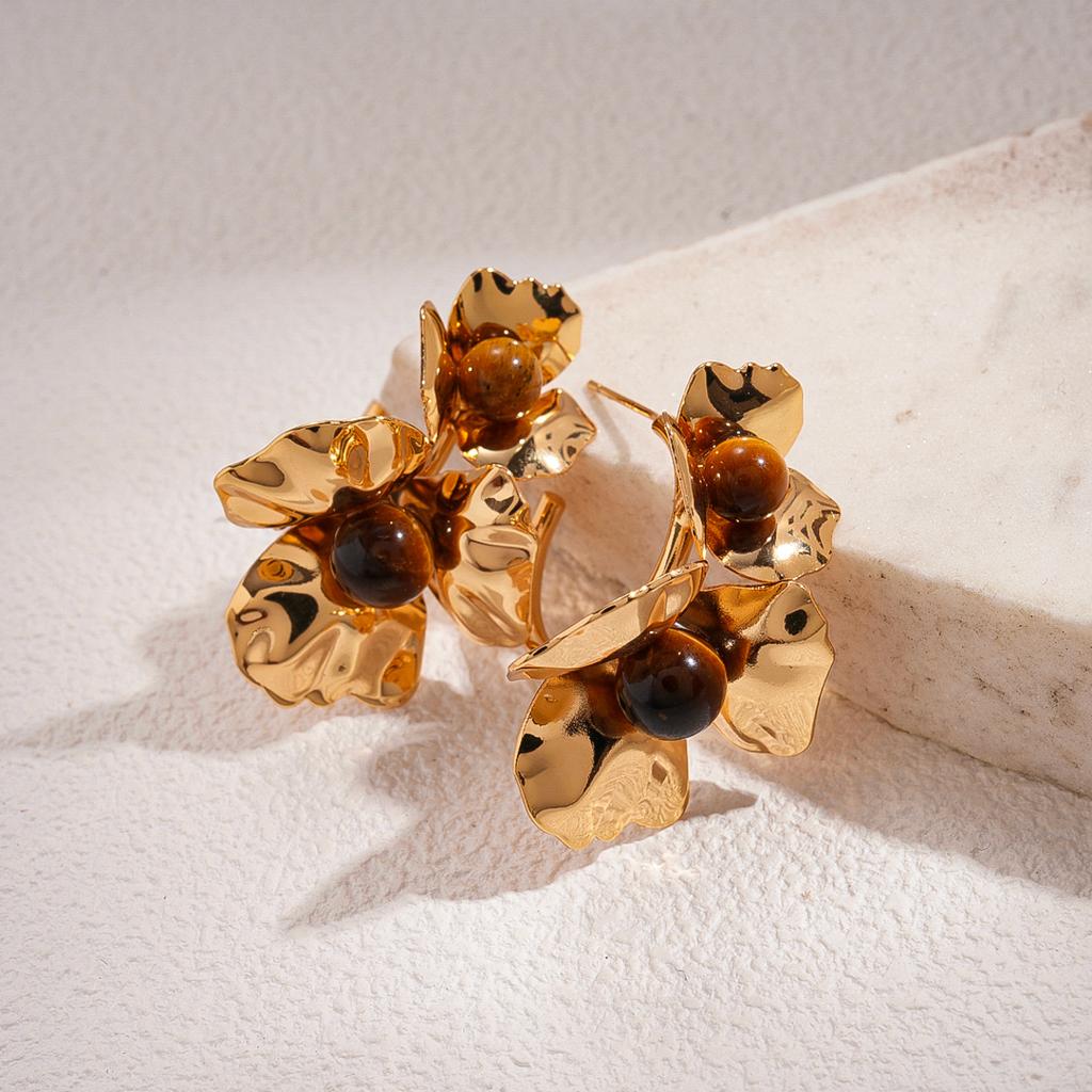 18K Äkta Guldpläterade Tigeröga Blomma Geometriska C-formade Silvernålshängen Maillard Vintage Örhängen