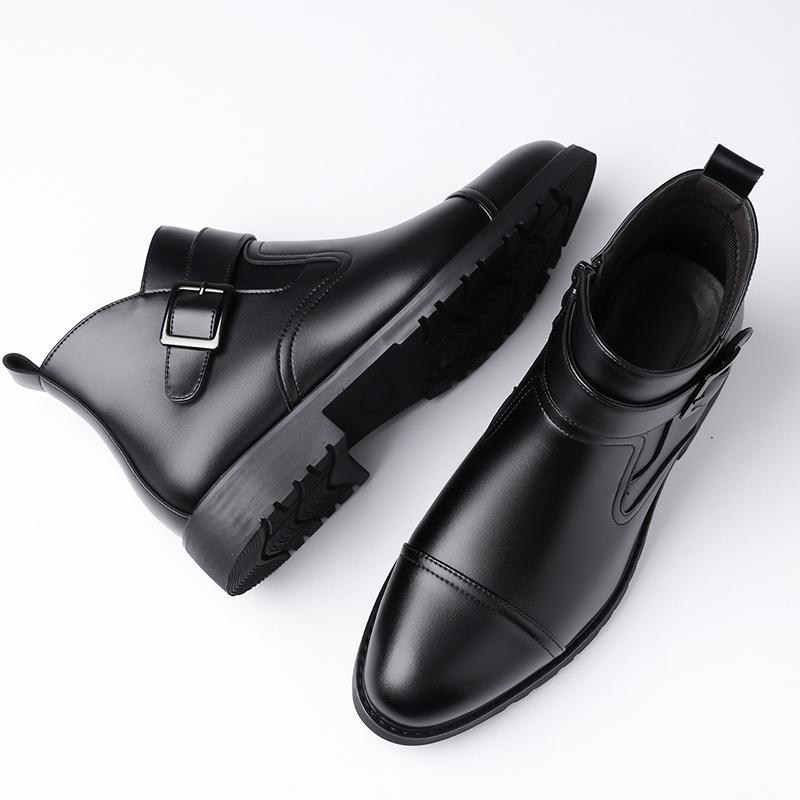 Fashion Casual Leather Male Chelsea Boots Business Mens Botas Comfortable High Top Shoes Fashionable Metal Buckle Ankle Boots Sneakers
