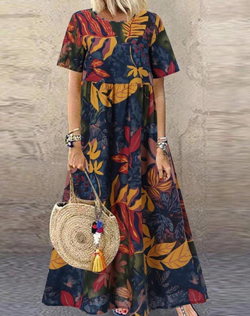 Plus Size Summer Loose Long Sleeve Round Neck Floral Print Casual Women's Holiday Beach Dress Vintage Style Maxi Dress