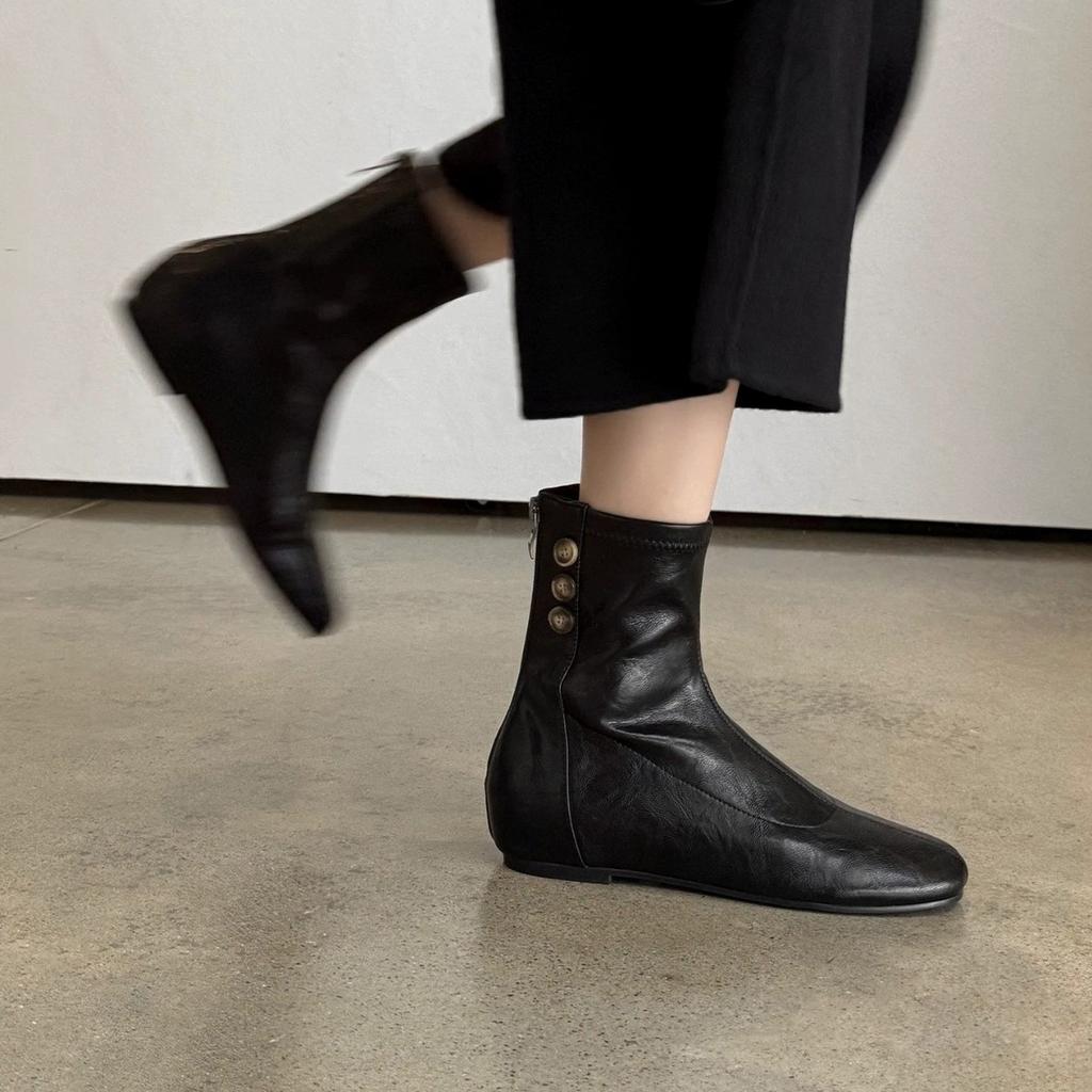Retro style round head elastic short boots for women's autumn and winter new inner height increase simple thin boots brown versatile small ankle boots