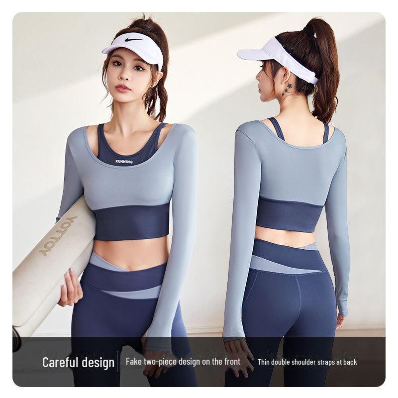 Juyitang Slim-Fit Shockproof Color Block Two-Piece Yoga Apparel (Bra-Free)
