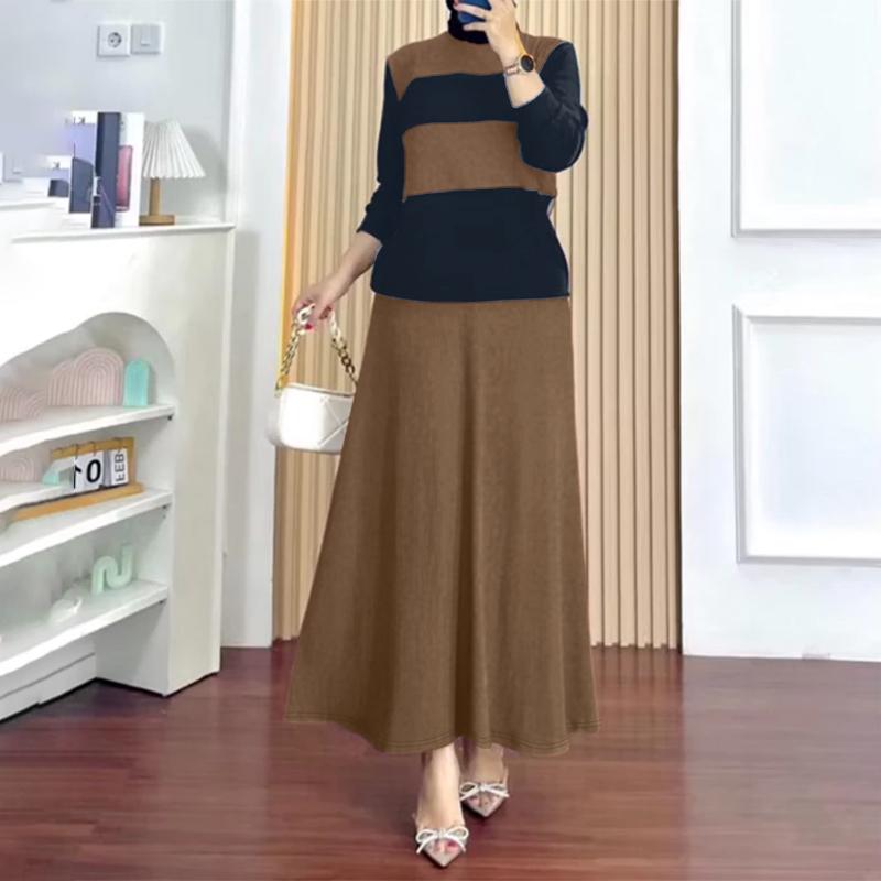 ZANZEA Damen Langarmbluse und Lange Röcke Muslimische Zweiteiler-Anzugsets