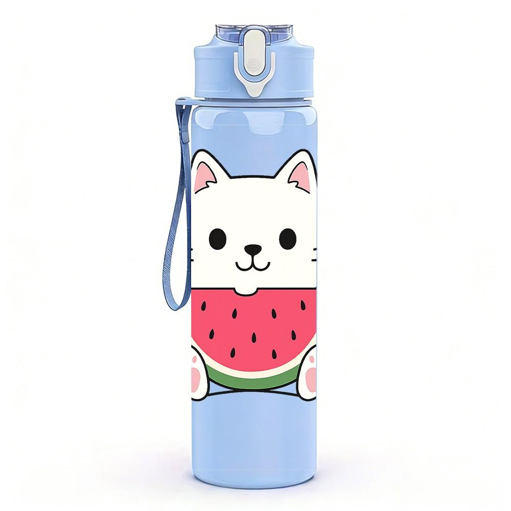 1PC White Cat Watermelon Cartoon 750ml Color Plastic Sports Water Bottle Leakproof Flip Straw Lid Suitable for Sports Office Home Use