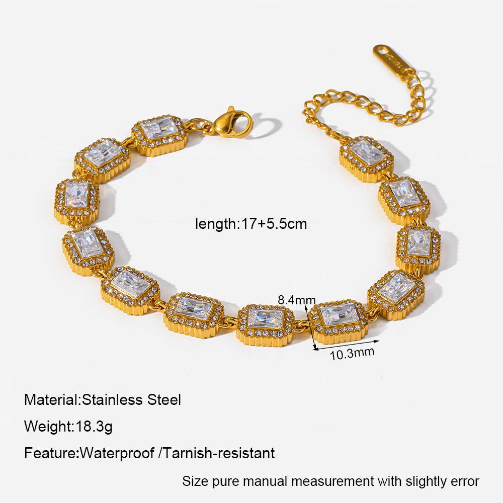 Novirassine Stainless Steel 18K Gold Plated CZ Link Bracelet Set Heart Clover Rectangle Stone Stackable Dainty Women Jewelry
