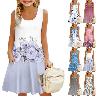 Ärmelloses Sommerkleid für Kinder mit U-Ausschnitt, A-Linie, geblümt, lässig, für den Urlaub