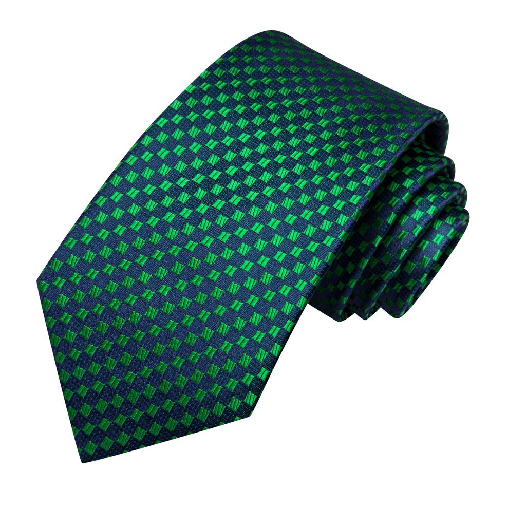 Hi-Tie Dark Green Plaid Jacquard Mens Silk Tie Classic Necktie Cufflink Hanky Set
