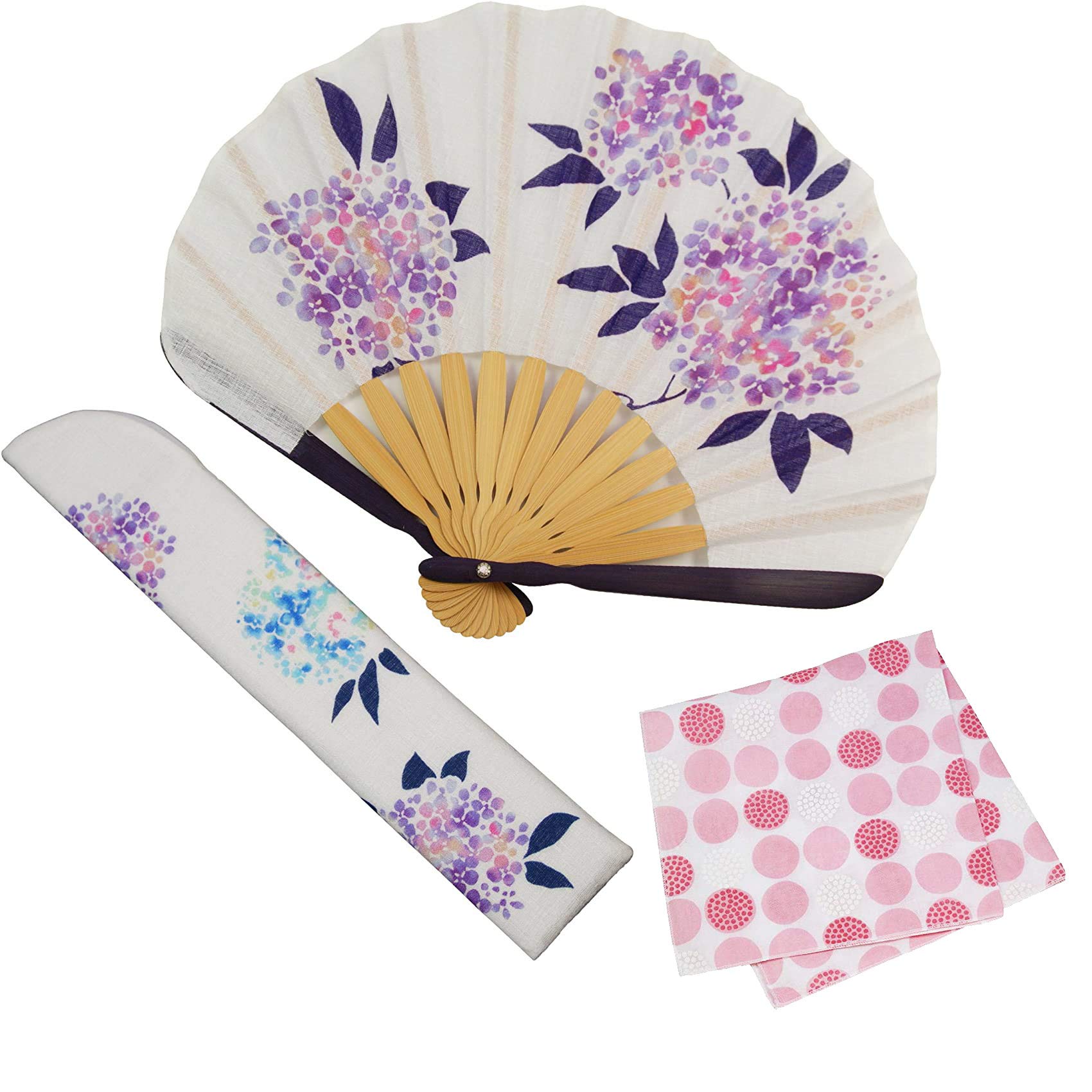 

Stylish Business Fan with Fan Bag and Handkerchief White [Osaka Choseido] Women s Set, Hydrangea,