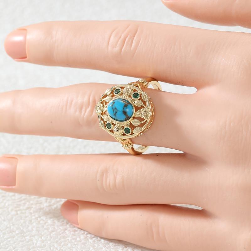 Vintage Inlaid Imitation Turquoise CZ Flower Women's Ring Ethnic Gold Color Geometry Daily Wear Party Jewelry Anniversary Gift