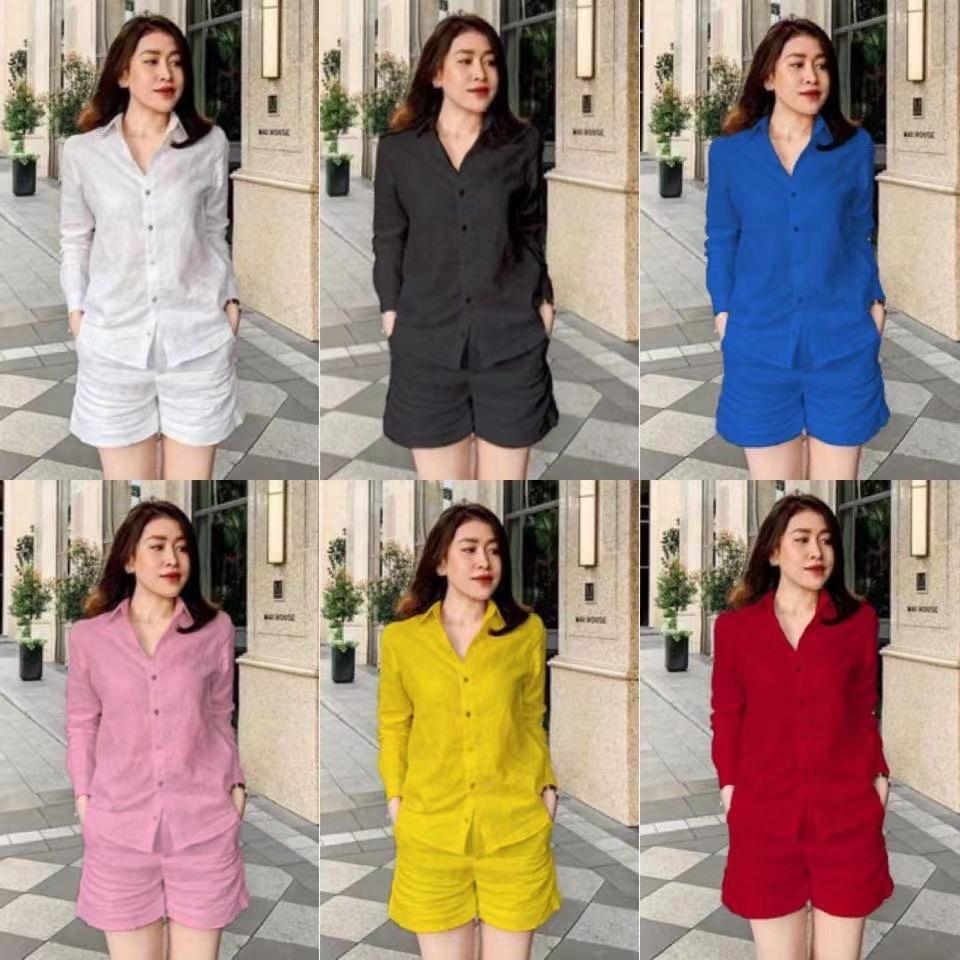 Two-Piece Set for Women Consisting of A Casual Loose Long-Sleeve Collared Shirt and Shorts, Perfect for Spring and Summer(Order A Size Up)