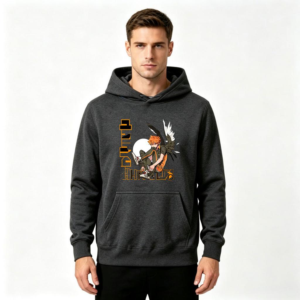 Men Adult Anime Haikyuu Hinata Shoyo Wing Pattern Print Hoodie Casual Loose Long Sleeve Streetwear Hooded Sweatshirt Daily Pullover Tops