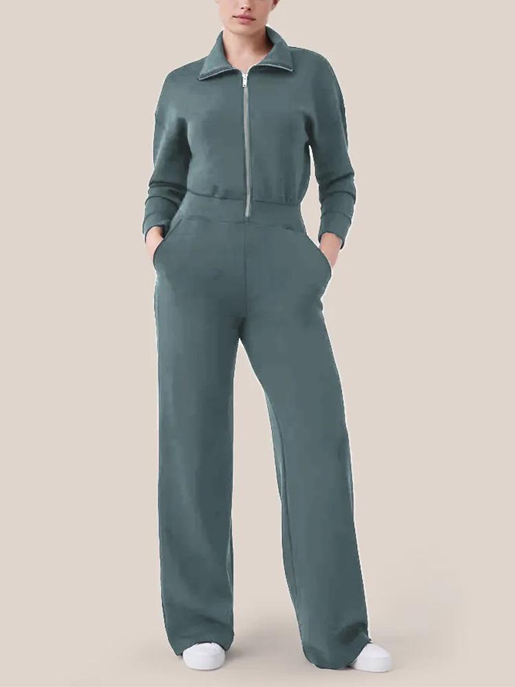 2024 Women's Long-Sleeve Wide-Leg Jumpsuit with Zipper and Lapel Sweater Design
