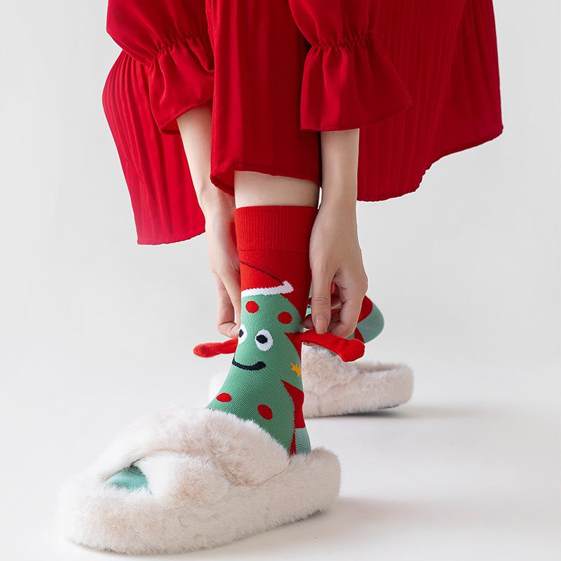 1 Pair Santa Claus Christmas Tree Cotton Stockings Christmas Magnetic Suction Hand In Hand Socks Unisex Holding Hands Long Socks
