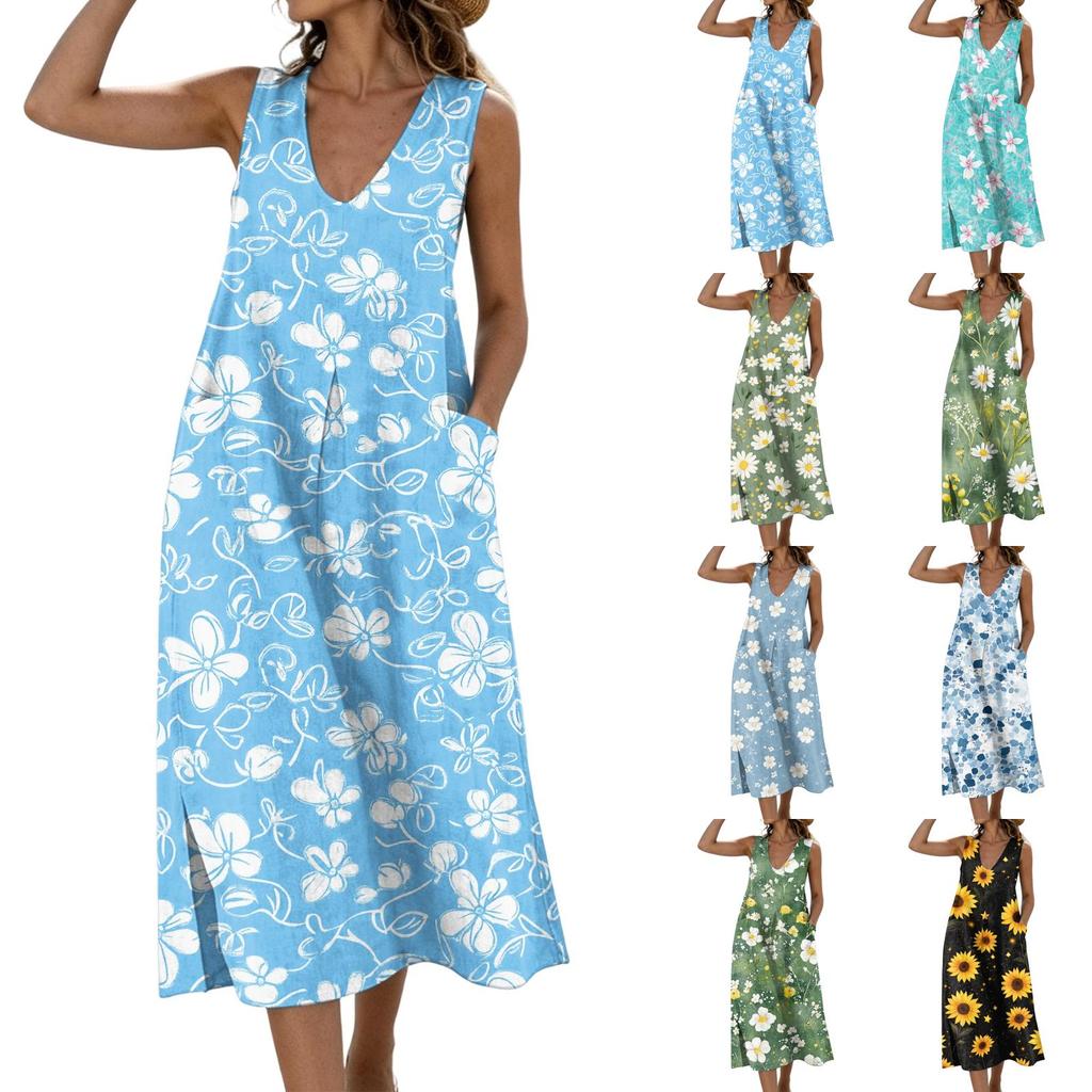 Women’s Sleeveless V Neck Midi Dress with Pockets Floral Print Cotton Linen Split Hem Casual Tank Style