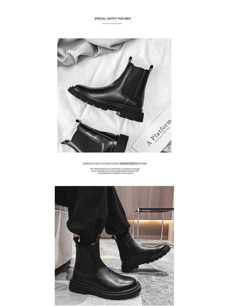 Men's Waterproof Black Leather Chelsea Boots – Winter, Non-Slip, High-Top, British Style.