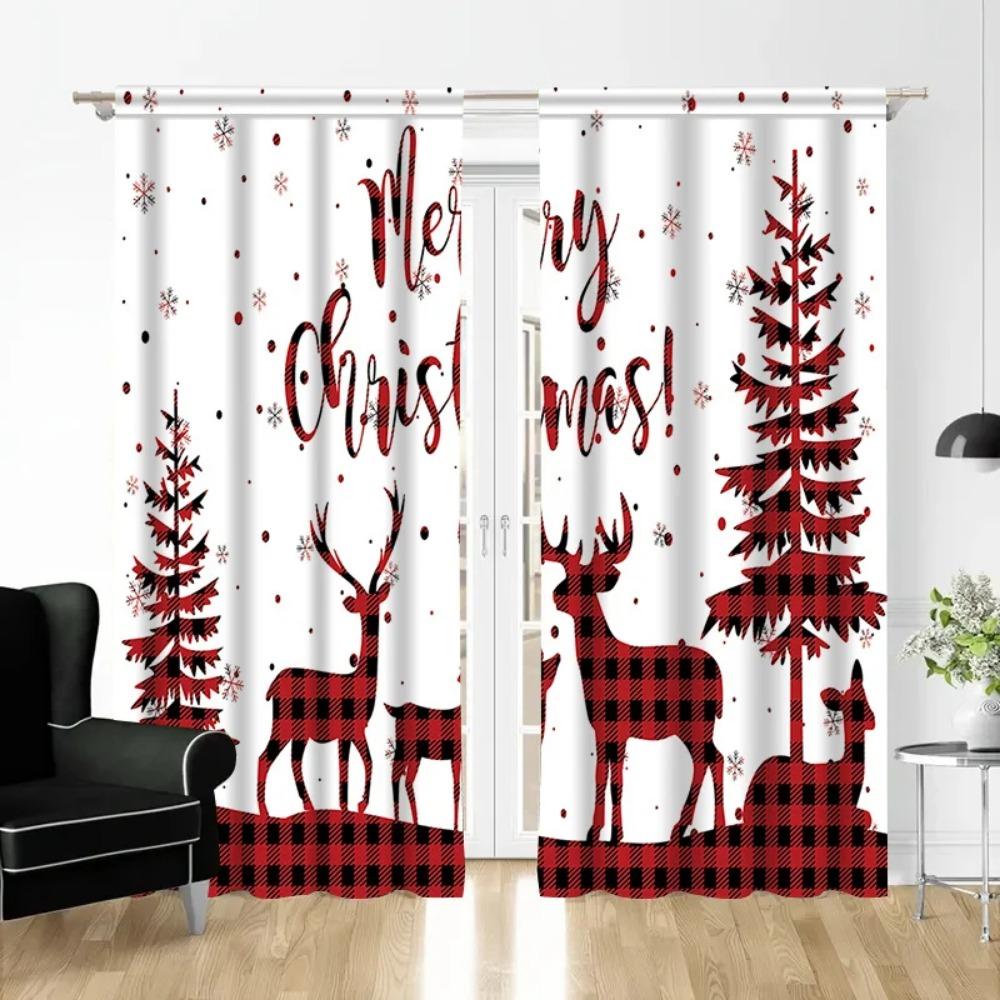 2pcs Christmas Tree Snowflake Curtain, Christmas Gift and Ball Curtain For Living Room, Kitchen, Bedroom, Hotel,Home Decor