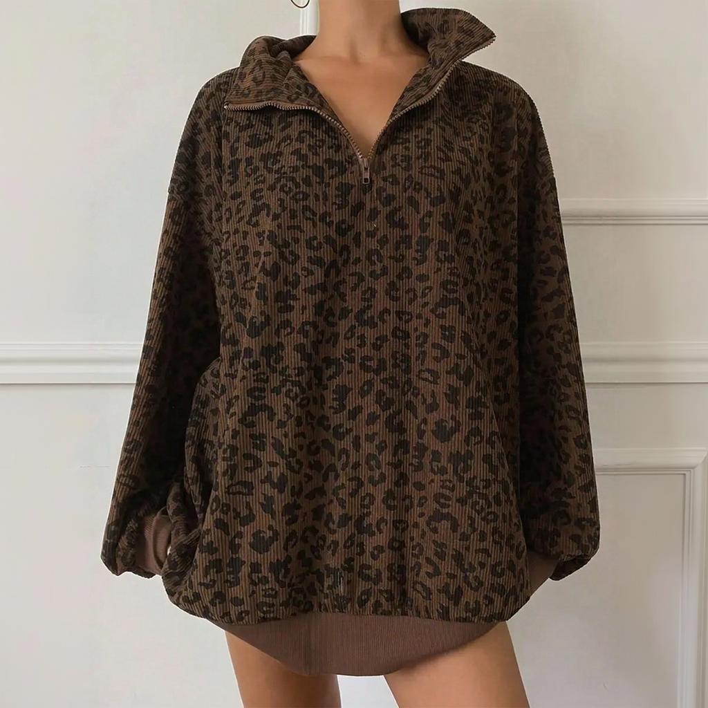 Damen Kapuzenpullover mit Kragen im Leopardenmuster, lockere Passform