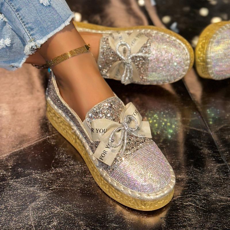 Flat-soled single shoes women's spring and autumn new fashion thick-soled rhinestone bow one pedal