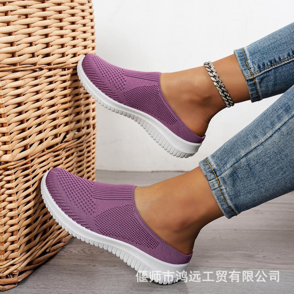 Half-tray Shoes Women's 2025 Autumn New Fly-woven Single Shoes Shallow Mouth Breathable Women's Casual Shoes Large Size Women's Shoes