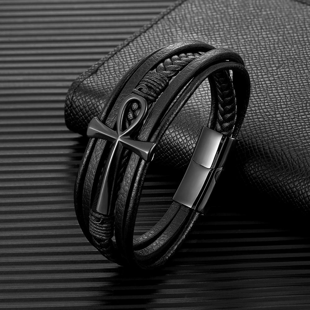 Simple Classic Cross Egyptian Ankh Life Symbol Antique Multilayer Leather Bracelet Men 316L Magnetic Clasp Wrap Bangle