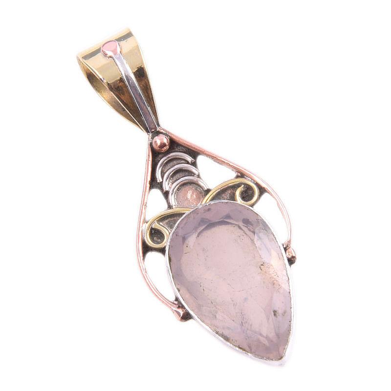 Natural Rose Quartz 925 Solid Sterling Silver Jewelry TwoTone Pendant 1.50" U6N92