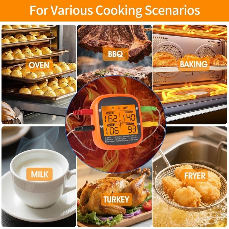 Termometri Wireless Programmabili per Carne con 4 Sonde e Controllo App per BBQ Cucina Indoor Outdoor Monitoraggio in Tempo Reale