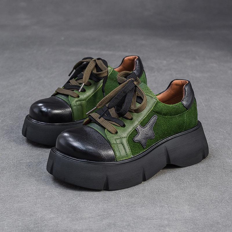 

Johnature Туфли-лодочки из натуральной кожи на толстой подошве с круглым носком, комбинированные цвета, на шнуровке, модные, универсальные женские туфли 39 зелёный