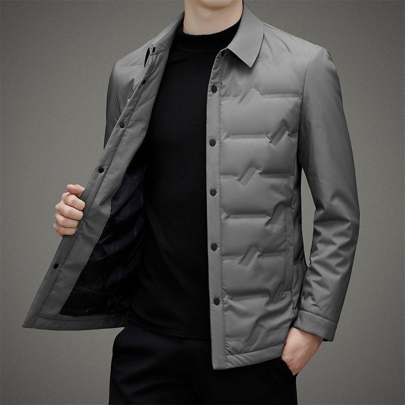 Men's Short Warm White Duck Down Winter Jacket with Turn-Down Collar – Waterproof Dad Coat