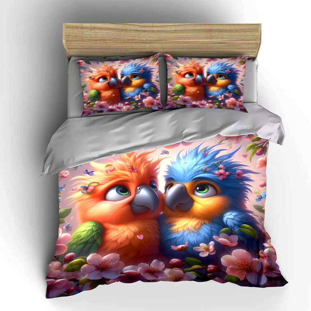 Cute Parrots With Cherry Blossoms Print Bedding Set 1 Duvet Cover 2 Pillowcases For Adult And Children Luxury Gift Full Size