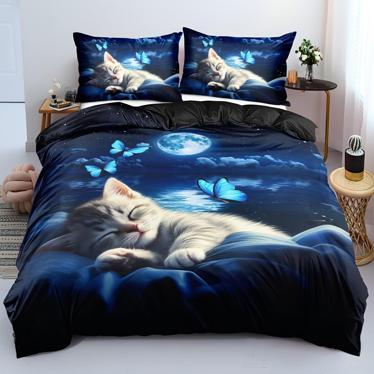 

Комплект полиэстерового пододеяльника с принтом животных и застежкой-молнией - Дышащий, всесезонный, с цифровой печатью, тема кошек и бабочек Duvet Cover Set&EU Single(135x200cm)