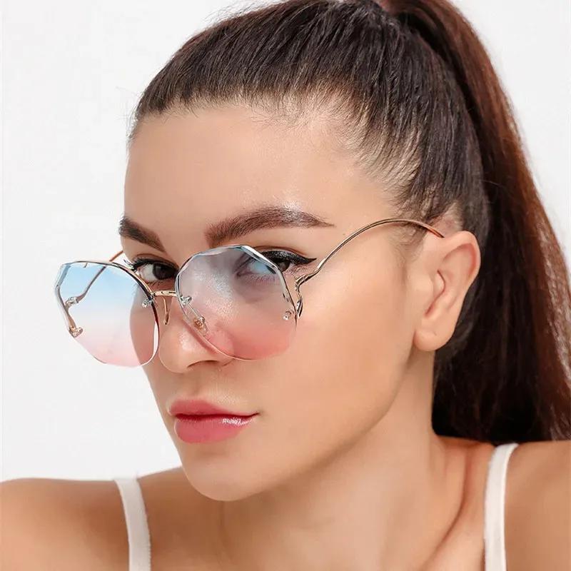 Rimless Sunglasses Polygon Stylish Popular Women Men Shades Big Frame Round Shape Sun Glasses for Female Oculos Gradient Sunglasses