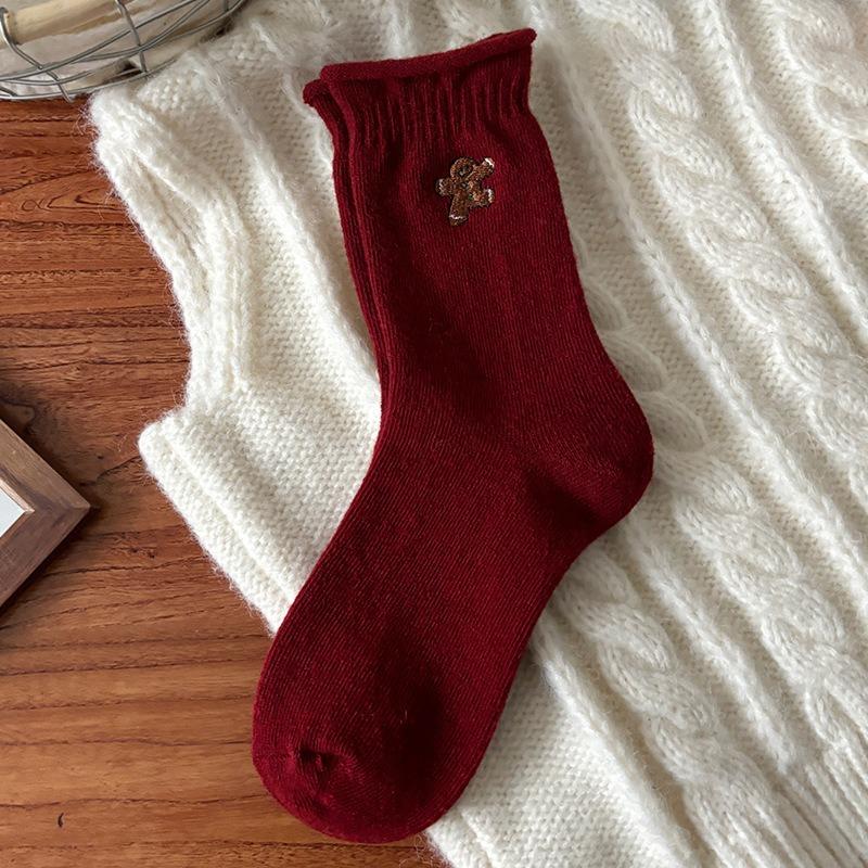 New Year's Wool Pile Socks for Autumn and Winter, Bright Red Warm Cartoon Embroidery Mid-calf Solid Color Striped Twisted Socks for Women