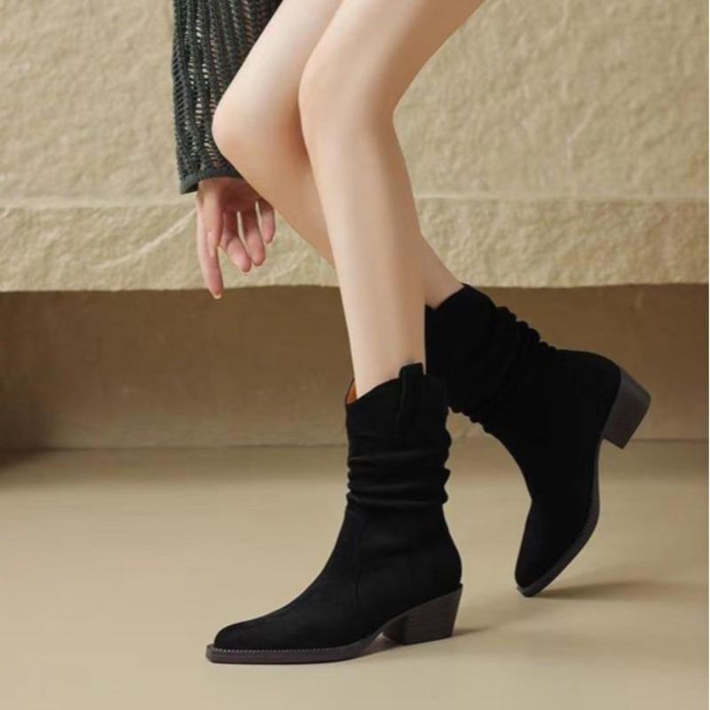 Fashion Women's Boots Quality Handmade Western Cowboy Boots Autumn Pointed Toe Thick Heel Ankle Boots Woman Loose PU Leather Botas Mujer