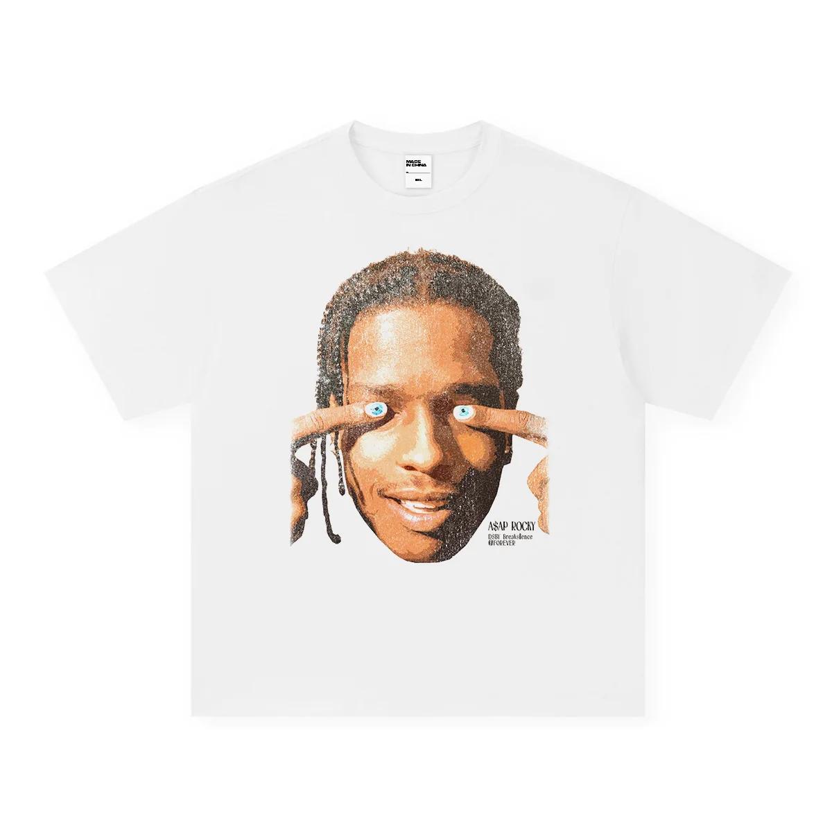 

2025 Мужская и женская футболка Asap Rocky американский хип-хоп ретро принт мода свободная уличный стиль 100% хлопок с круглым вырезом короткий рукав S
