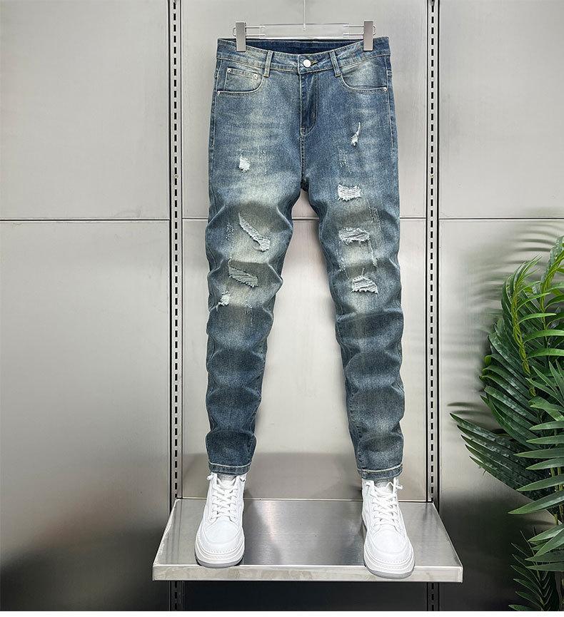 Ripped beggar jeans men's new summer trend versatile slim fit small feet casual long pants