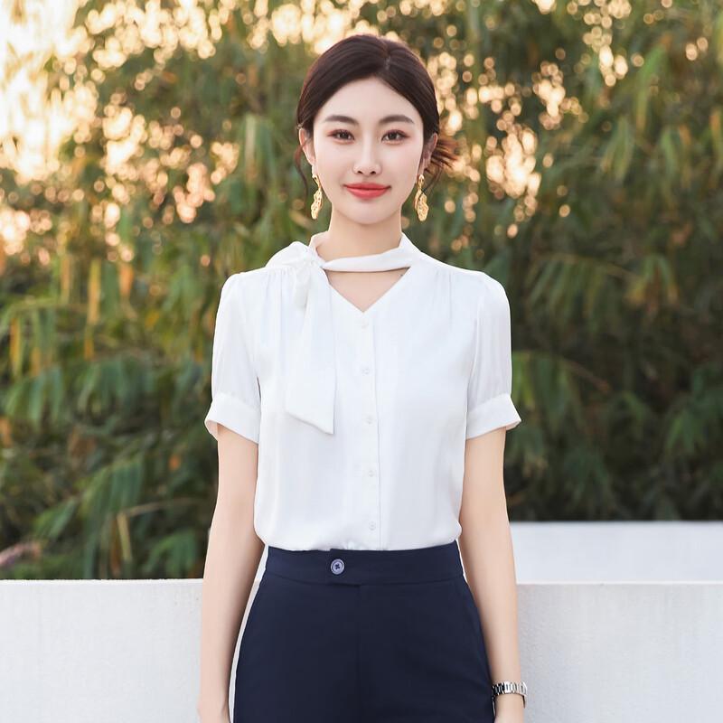 Teluoman Women s Elegant V-Neck Short Sleeve White Blouse XL