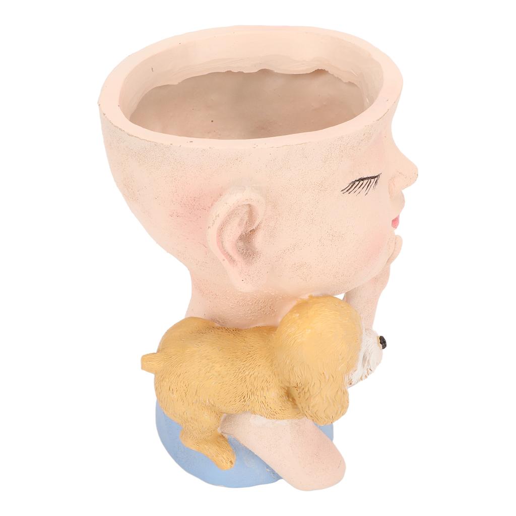 Blomkruka Flicka och Hund Söt Stil Dräneringshål i Botten Dekorativ Harts 12.5x11x14cm Skrivbordsplanteringskruka