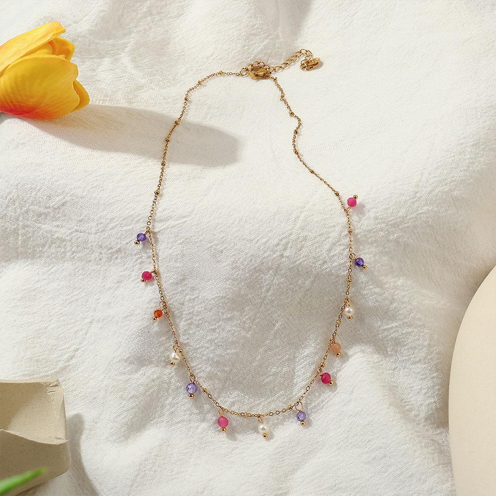 Women 18k Gold Plated Colorful Natural Stone Tassel Clavicle Necklace