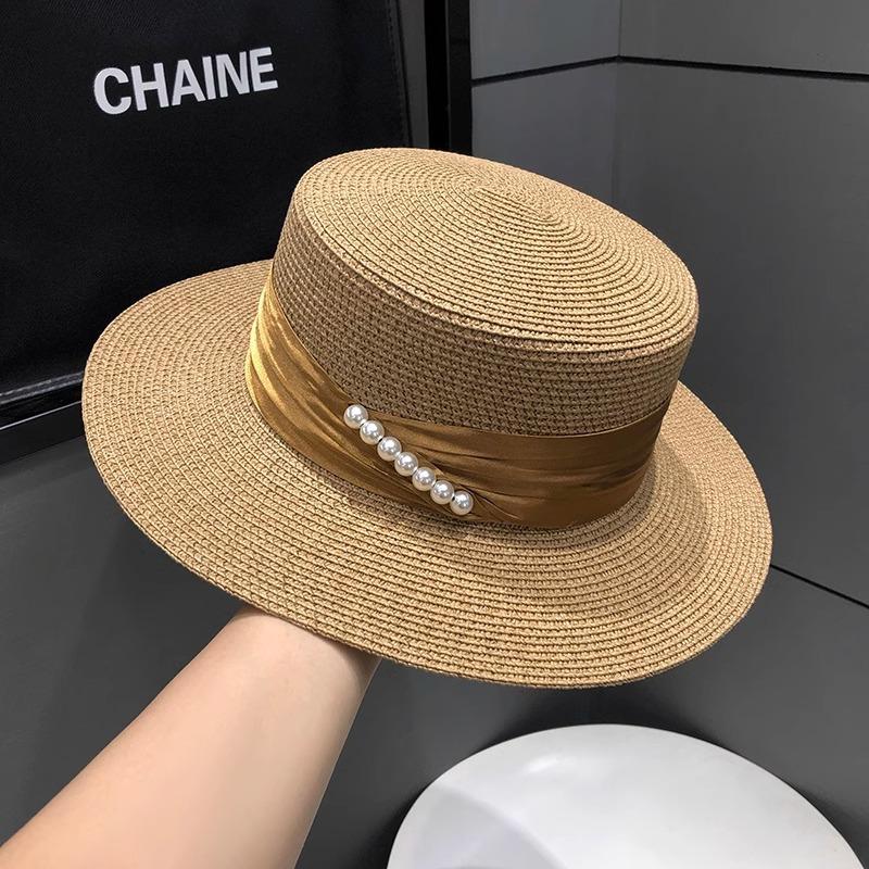 Pearl Top Hat Children Summer Beach Flat Top Straw Hat Seaside Sunshade Sunscreen Hat UV Protection Sun Hat