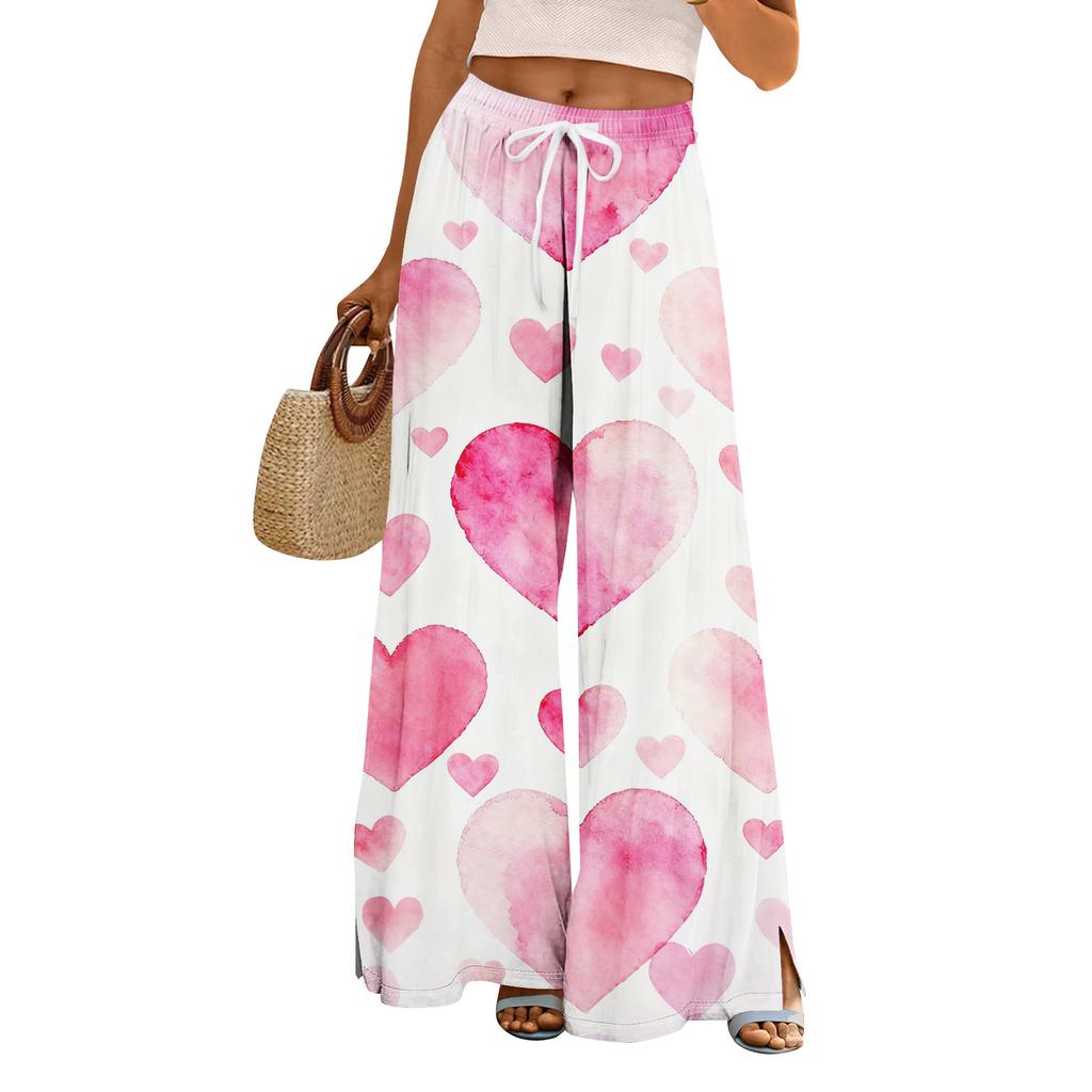 Pantaloni largi cu talie înaltă pentru femei, stil boho de vară, stil palazzo, cu imprimeu, casual, cu buzunare