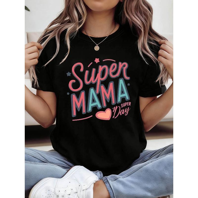 

Женская футболка большого размера Super MAMA - Повседневная блузка-топ с коротким рукавом и круглым вырезом с принтом Super MAMA и Подходит для -мама, S чёрный