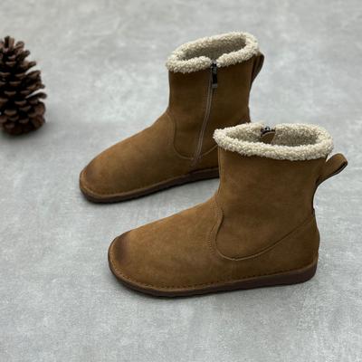 Retro Genuine Leather Snow Boots For Women Plush Warm Versatile Flat Cotton Boots