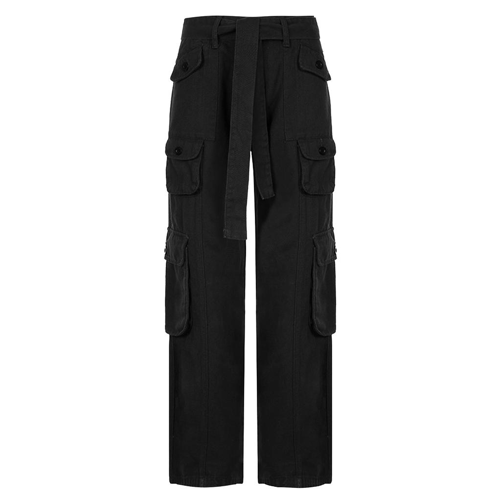 Fashion Women's Cuffed Multi-pocket Button Cargo Pants Low Waist Wide Leg Jeans