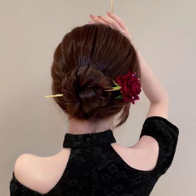 Romantic Rose Flocking Hairpin Flower Hair Sticks With  For Women