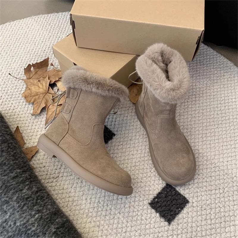 Botas planas de algodón para mujer de moda Invierno Nuevo Punta redonda Manga de ante Antideslizante Resistente al desgaste Cómodas Botas cortas