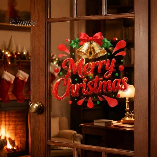 Christmas Window Clings Merry Static Glass Sticker, Decals with Bell Holiday Store Displays Elements, Removable for Home Party Decorations Ornaments