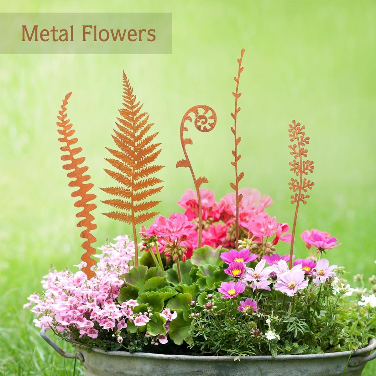 

5 шт. Ржавый папоротник, горшечное растение, украшение, садовые колышки, металлическое, для улицы, для двора, садовое искусство, украшение, деревенский сад, железная скульптура