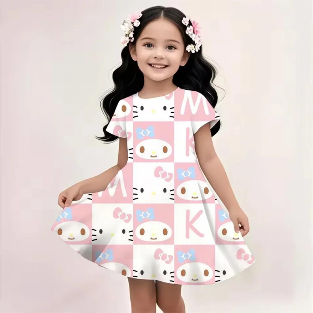 2025 Summer Girls Dress Fashion Cartoon Cute Cinnamoroll &Hello Kitty 3D Printing Dresses Kids Short Sleeve Princess Clothing