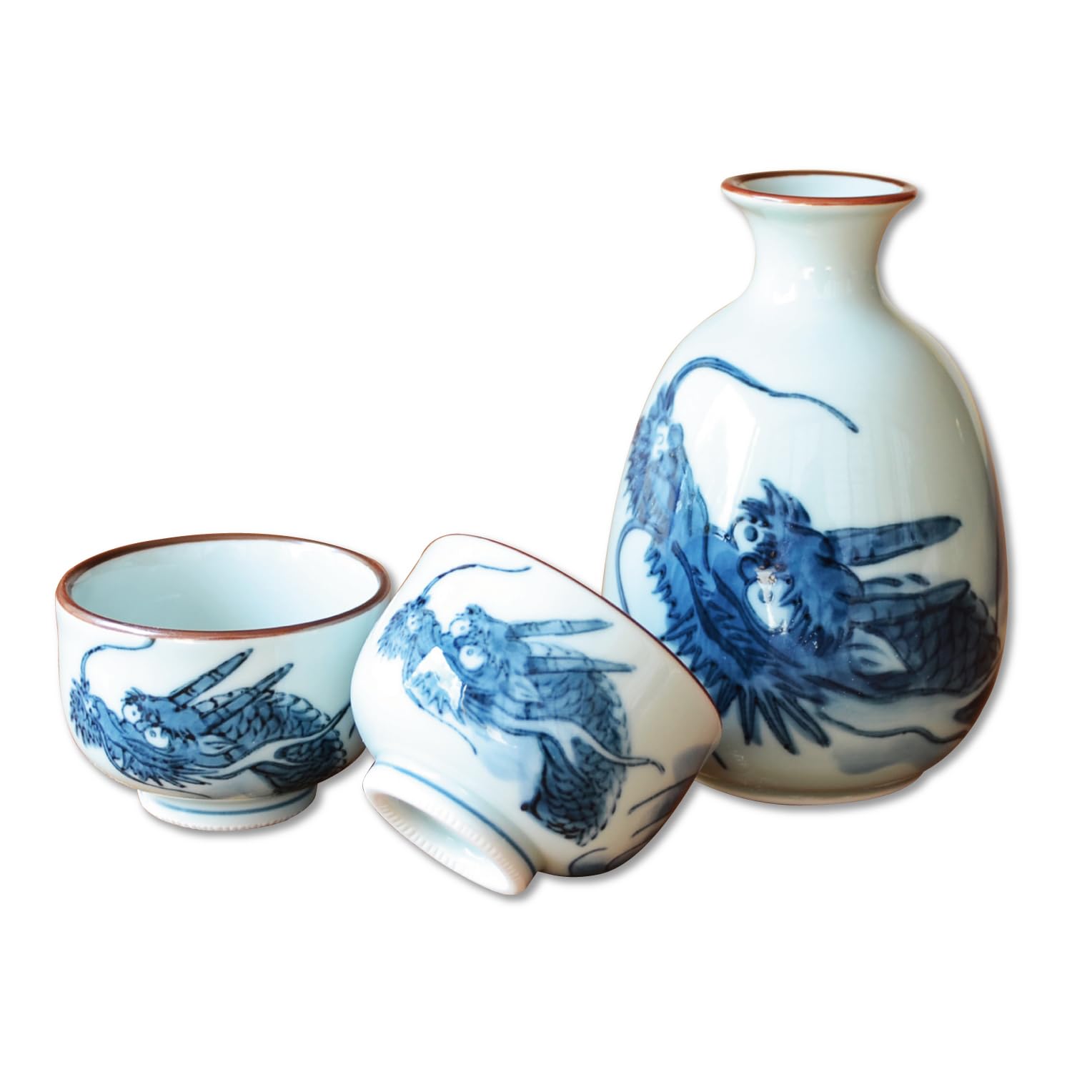 

Sake Arita 1 Sake Bottle and 2 Sake Matsuryu Made in Japan Set, Ware, Cups, Porcelain, синий